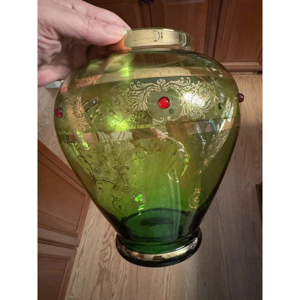 Antique Bohemian Green Glass Vase Gold‎ Gilt & Red Cabochon Jeweled Art Glass 8